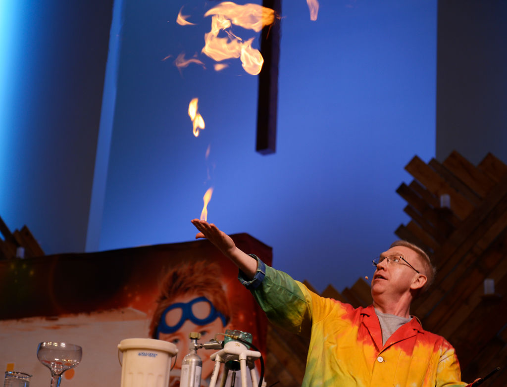 Creator Josh Denhart lights his hand on fire with methane bubbles